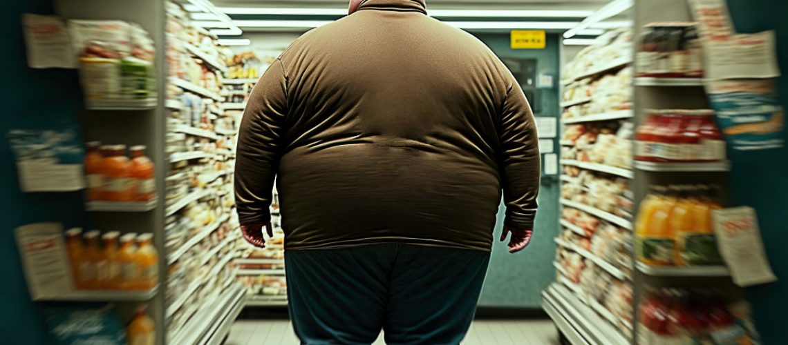 Obese man shopping in supermarket - Generative AI